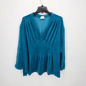 CW Classics Teal Velvet Tunic Top Pleated V Neck Long Sleeve Plus Size 4X